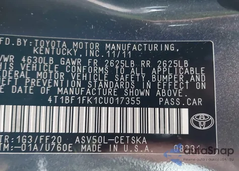 2012 Toyota Camry Se from USA, damaged, VIN 4T1BF1FK1CU017355